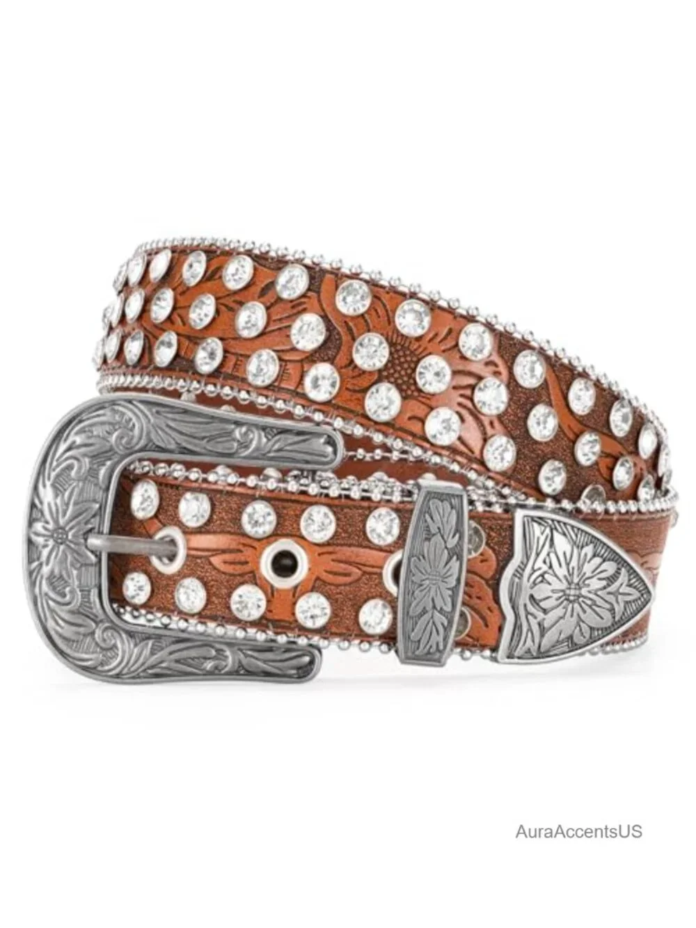 Western Rhinestone PU Leather Belt with Vintage Buckle Cowgirl Bling